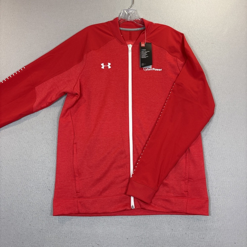 Under Armour Cold Gear Red Full Zip Warm Up Jacket Mens L Cyber Power Logo NWT